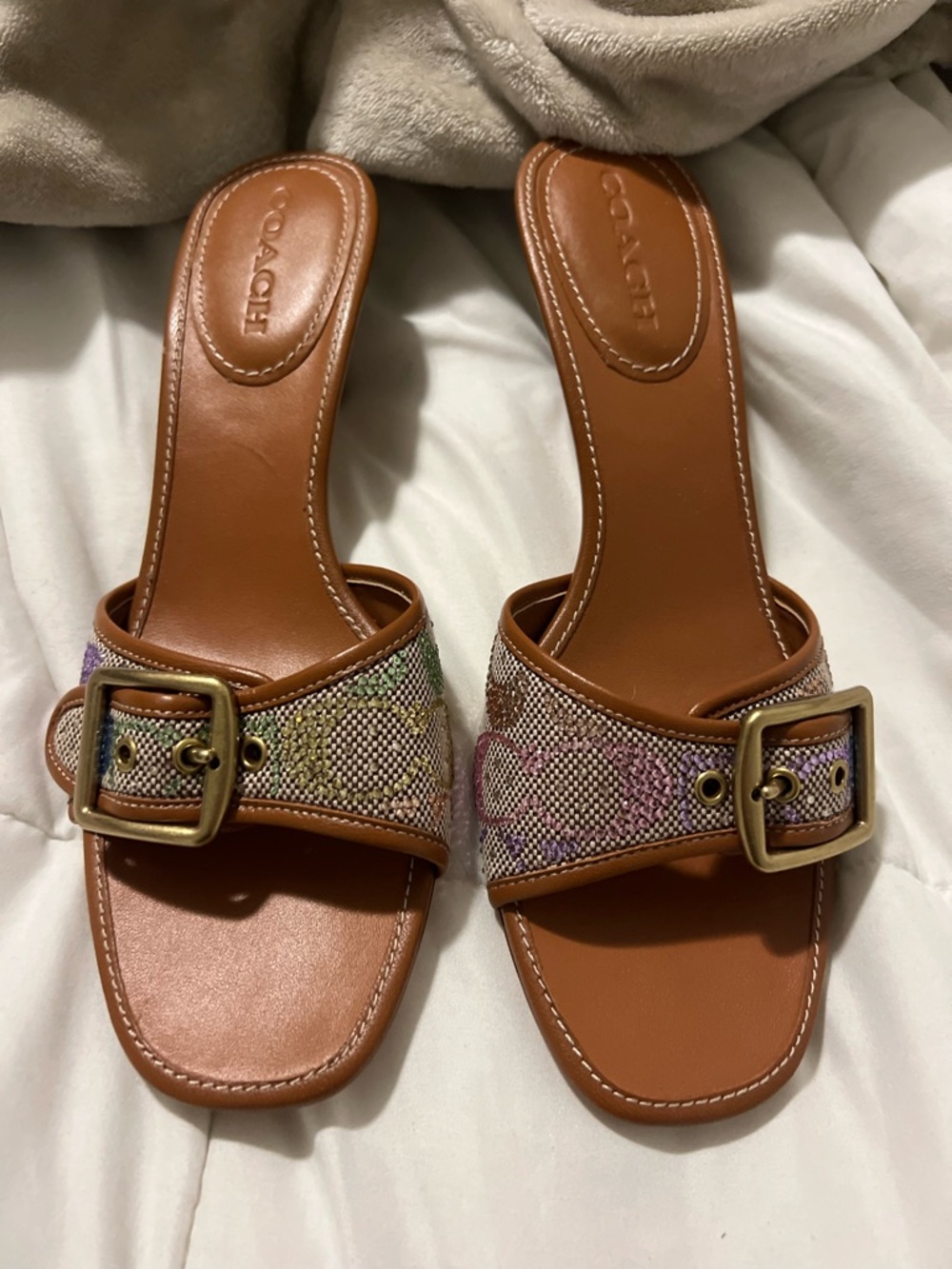 Coach Tan Leather Slide Sandals with Multicolor Woven Strap